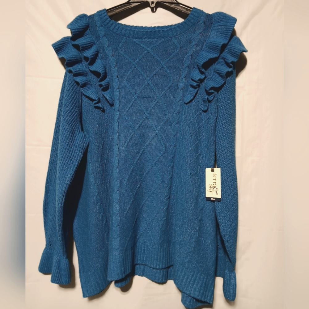 Terra & Sky NWT Women's Sweater Double Ruffle Shoulder, Bubble Sleeve, 2X, Blue